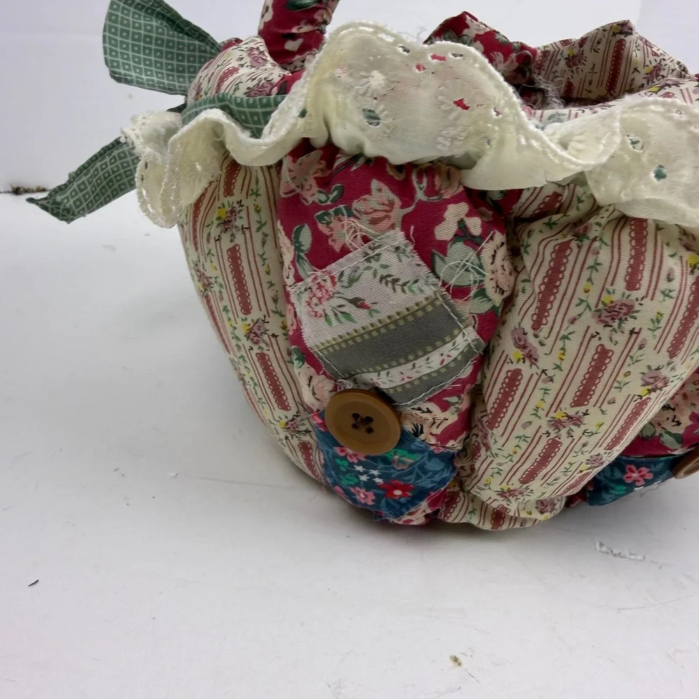 Handmade Quilted Patchwork Fabric Basket Floral Lace Button Country Cottage Red